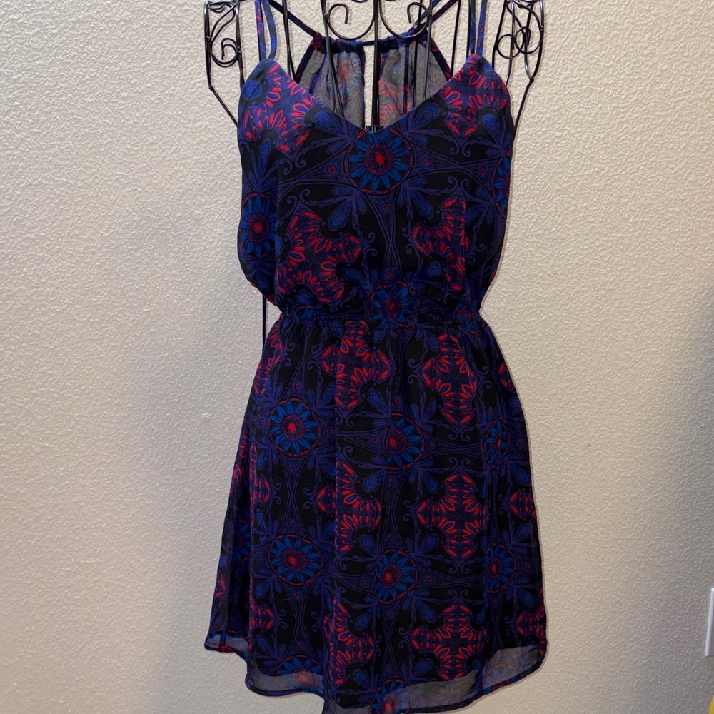 Floral Print Navy & Red Spaghetti Strap Halter Dress